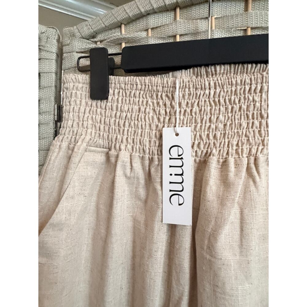 Emme Smocked Waistband Linen Pants Medium Beige NWT Cropped Length Pull On - Picture 7 of 13